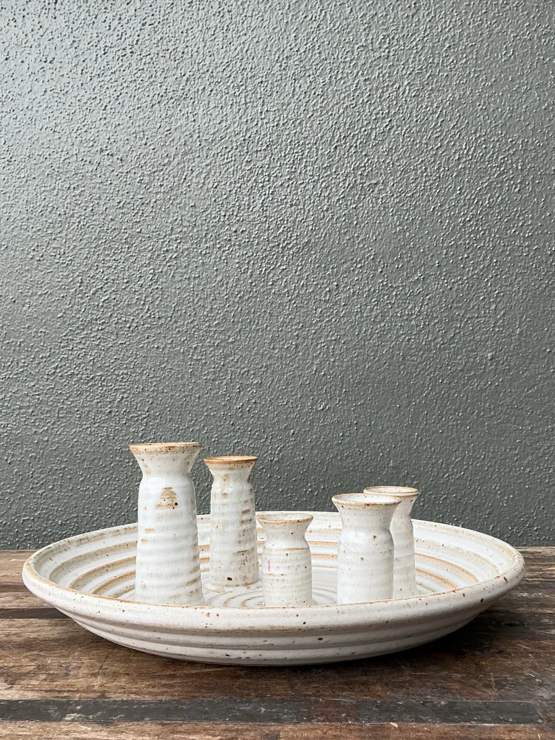 Vintage Original Studio Pottery Platter With Vases - Side view