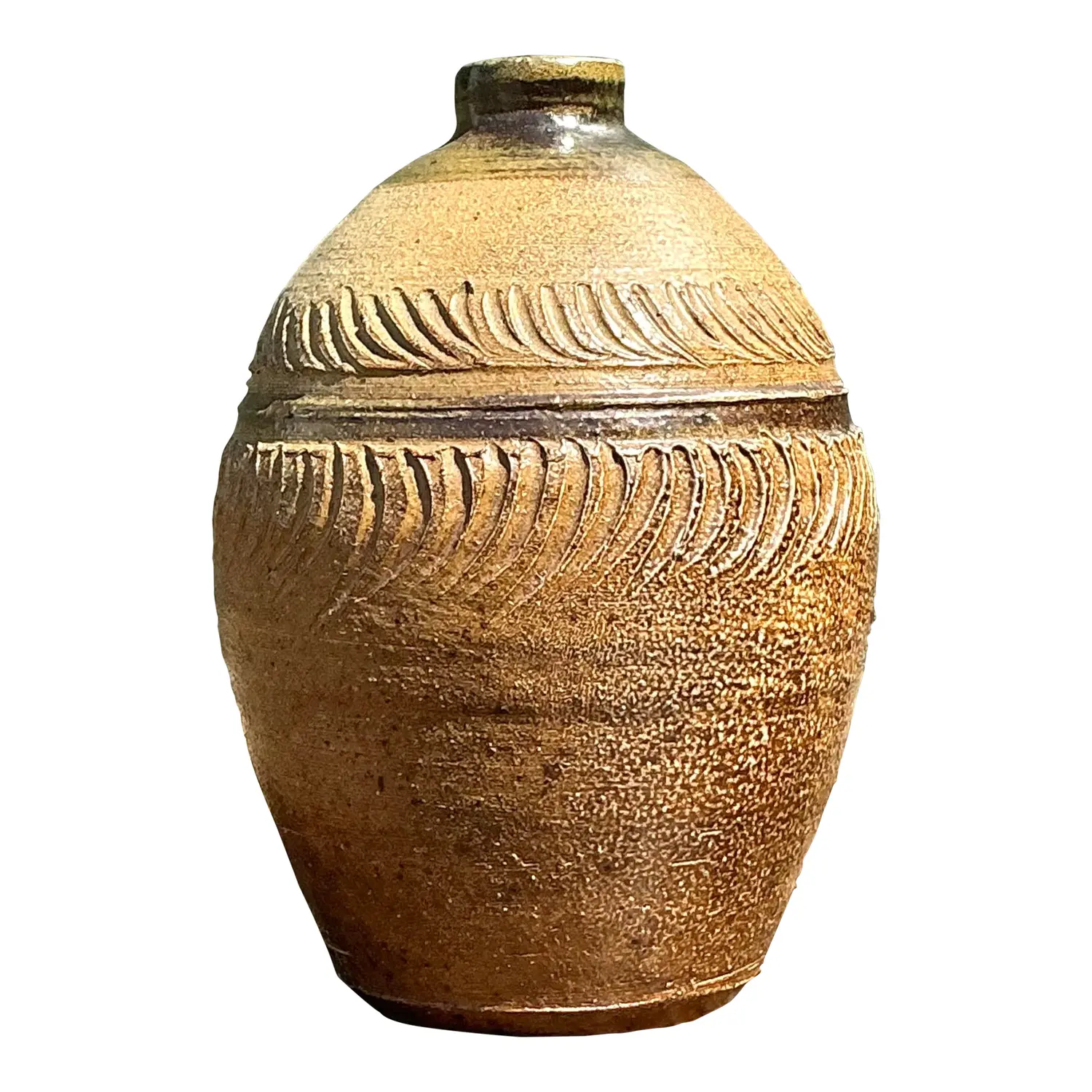Vintage Original Studio Pottery Ribbed Vase - Pottery, 5.75W x 14H - Detail view