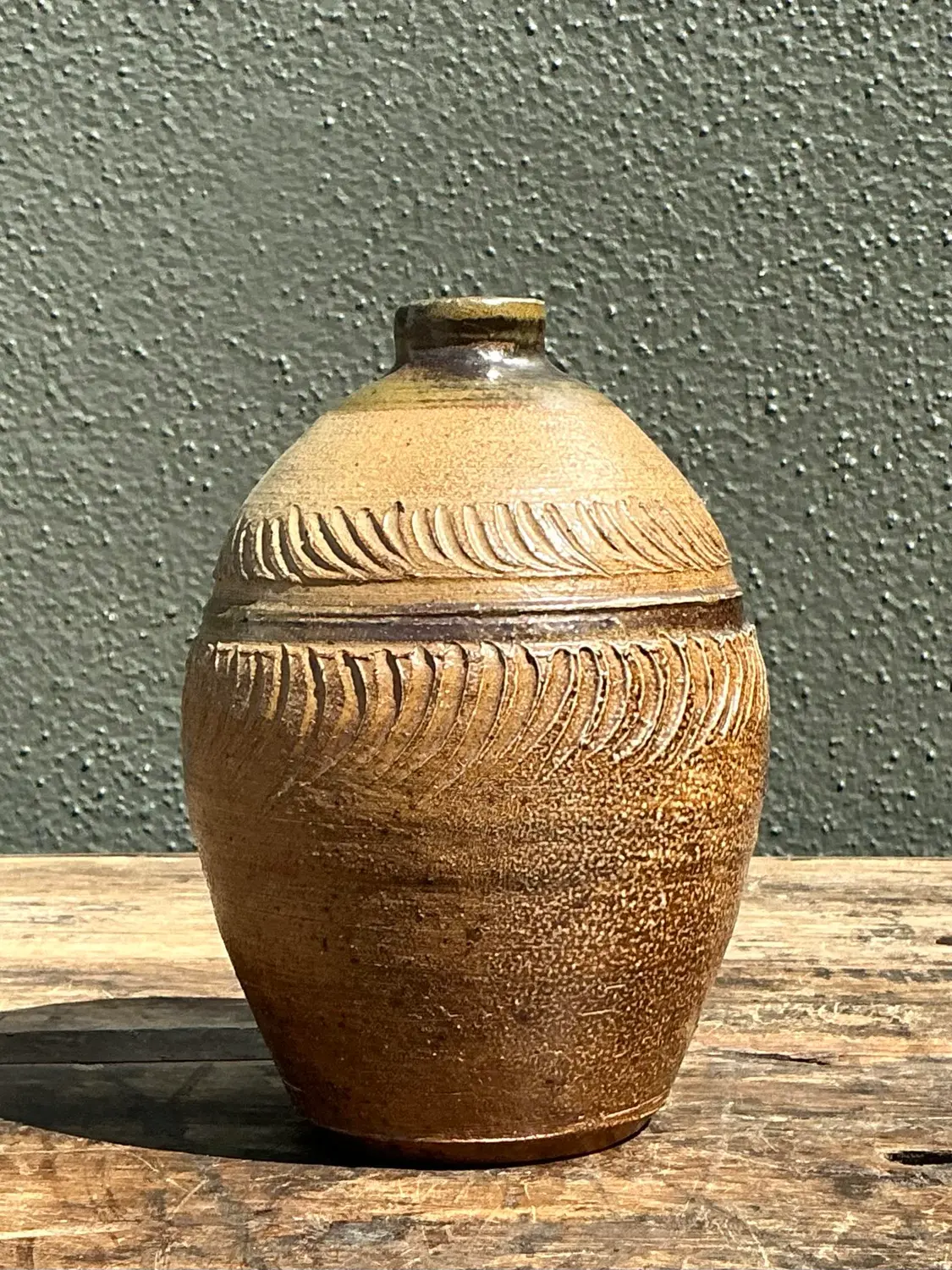 Vintage Original Studio Pottery Ribbed Vase - Pottery, 5.75W x 14H - Back view