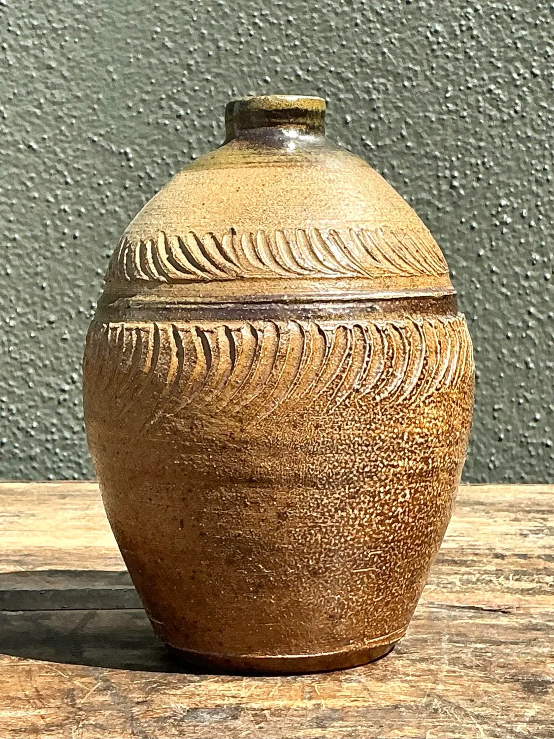 Vintage Original Studio Pottery Ribbed Vase - Pottery, 5.75W x 14H - Top view
