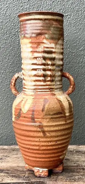 Vintage Original Studio Pottery Ribbed Vase - Pottery, 5.75W x 14H - Back view