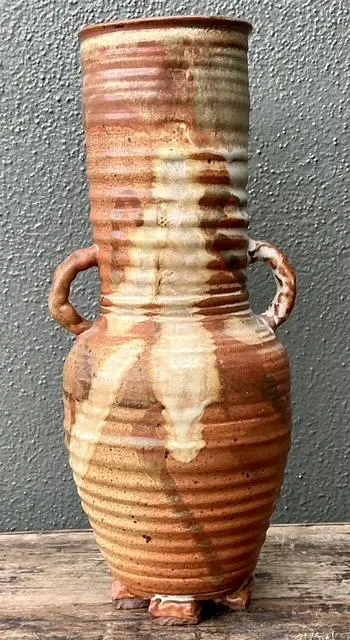 Vintage Original Studio Pottery Ribbed Vase - Pottery, 5.75W x 14H - Side view