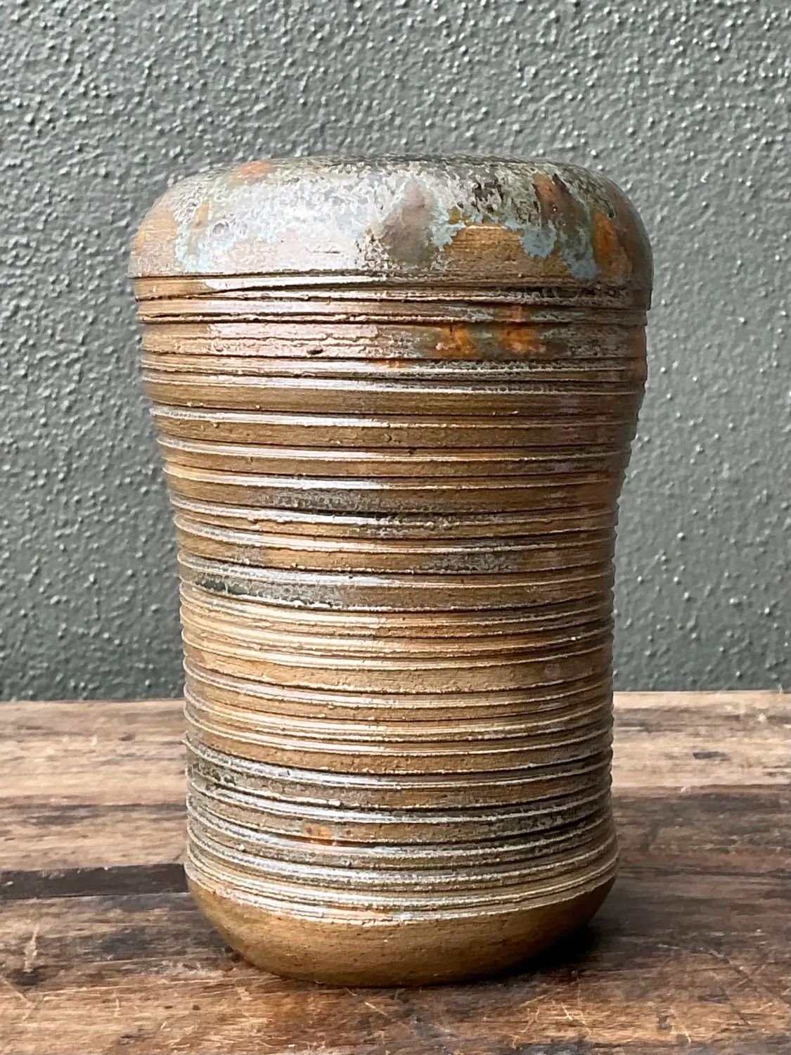 Vintage Original Studio Pottery Ribbed Vase - Pottery, 4.75W x 7.25H - Detail view