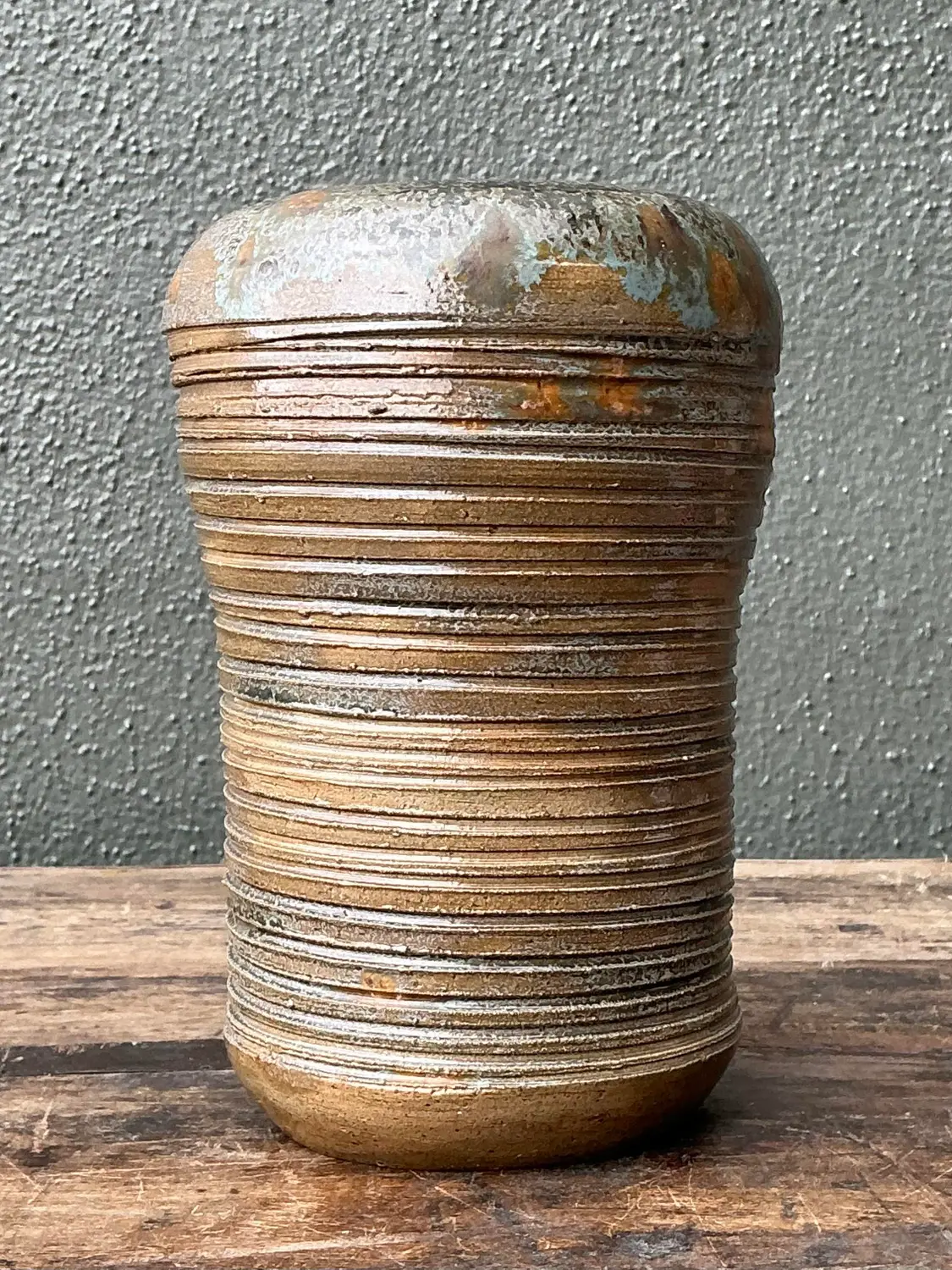 Vintage Original Studio Pottery Ribbed Vase - Pottery, 4.75W x 7.25H - Side view