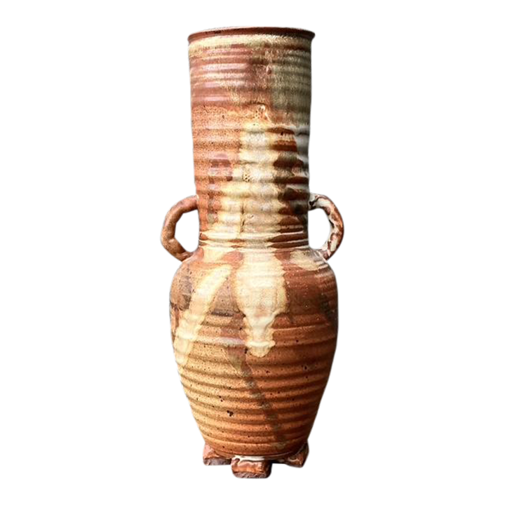 Vintage Original Studio Pottery Ribbed Vase - Pottery, 5.75W x 14H - Detail view