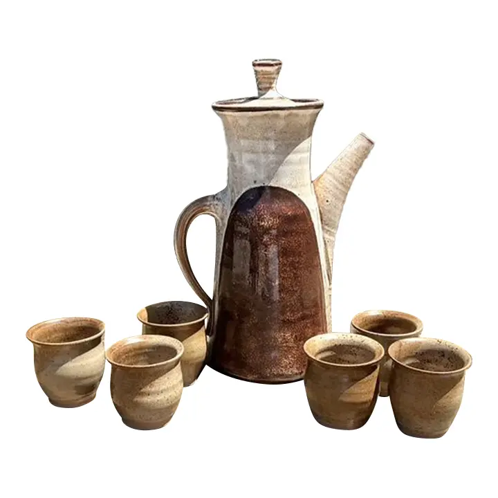 Vintage Original Studio Pottery Tall Teapot With Cups