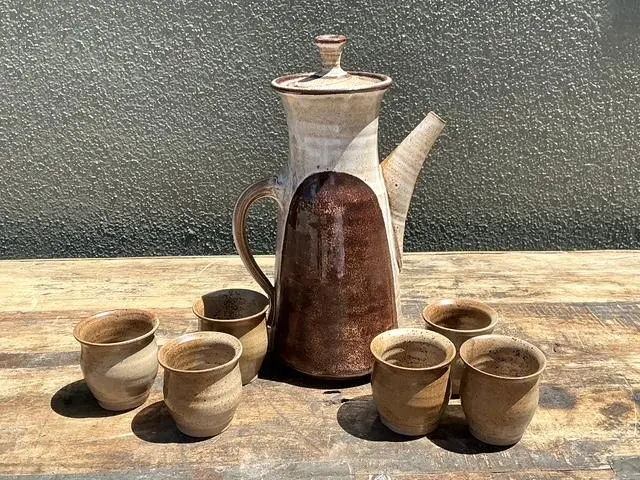 Vintage Original Studio Pottery Tall Teapot With Cups - Top view