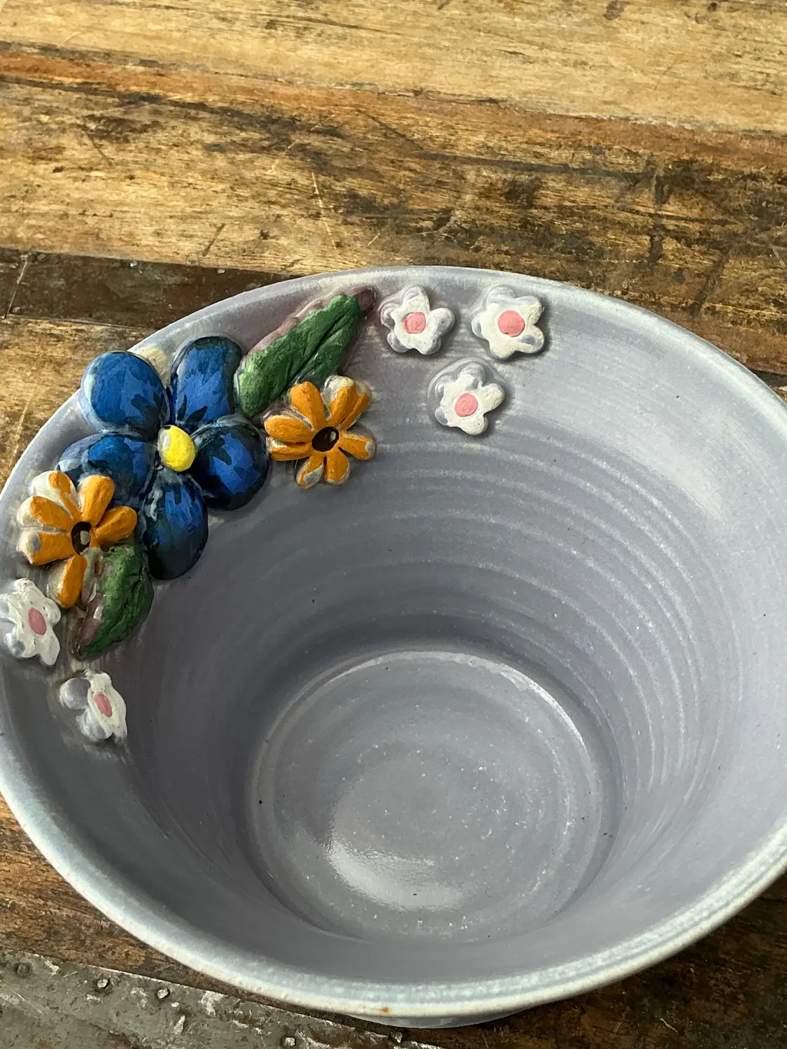 Vintage Original Studio Pottery Triple Flower Bowl - Back view