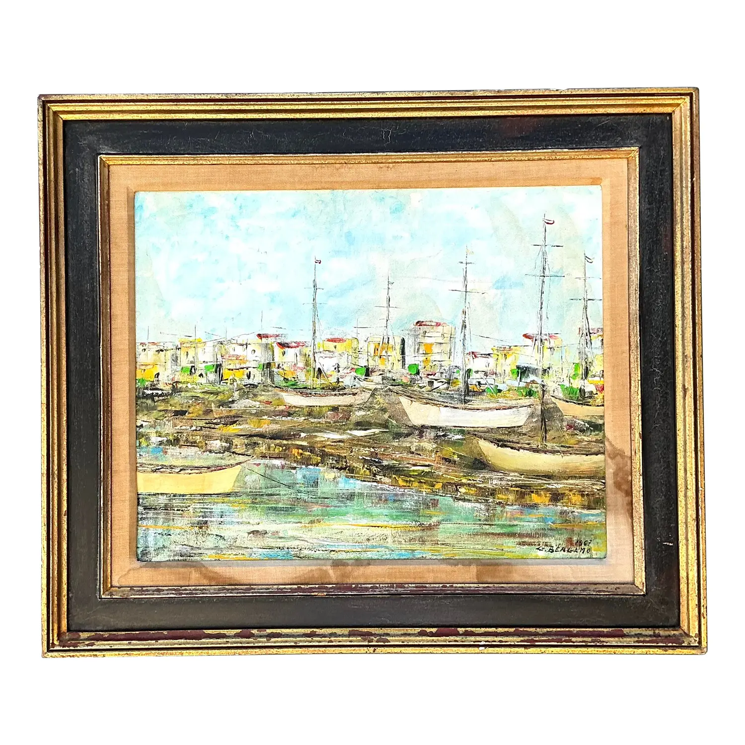 Vintage Original Waterfront Original Oil Painting on Canvas
