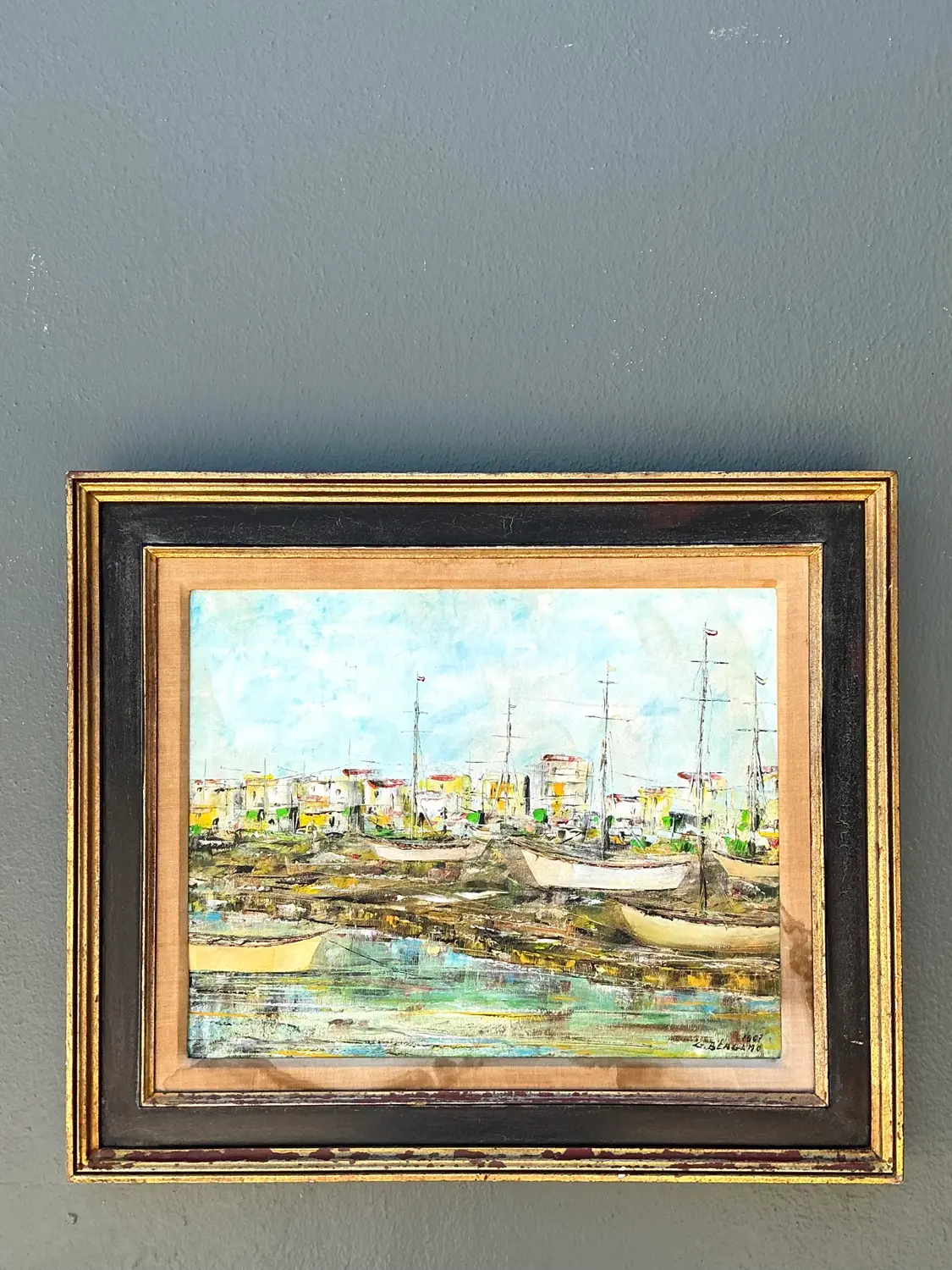 Vintage Original Waterfront Original Oil Painting on Canvas - Detail view