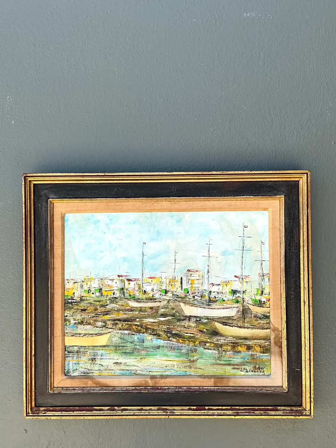 Vintage Original Waterfront Original Oil Painting on Canvas - Top view