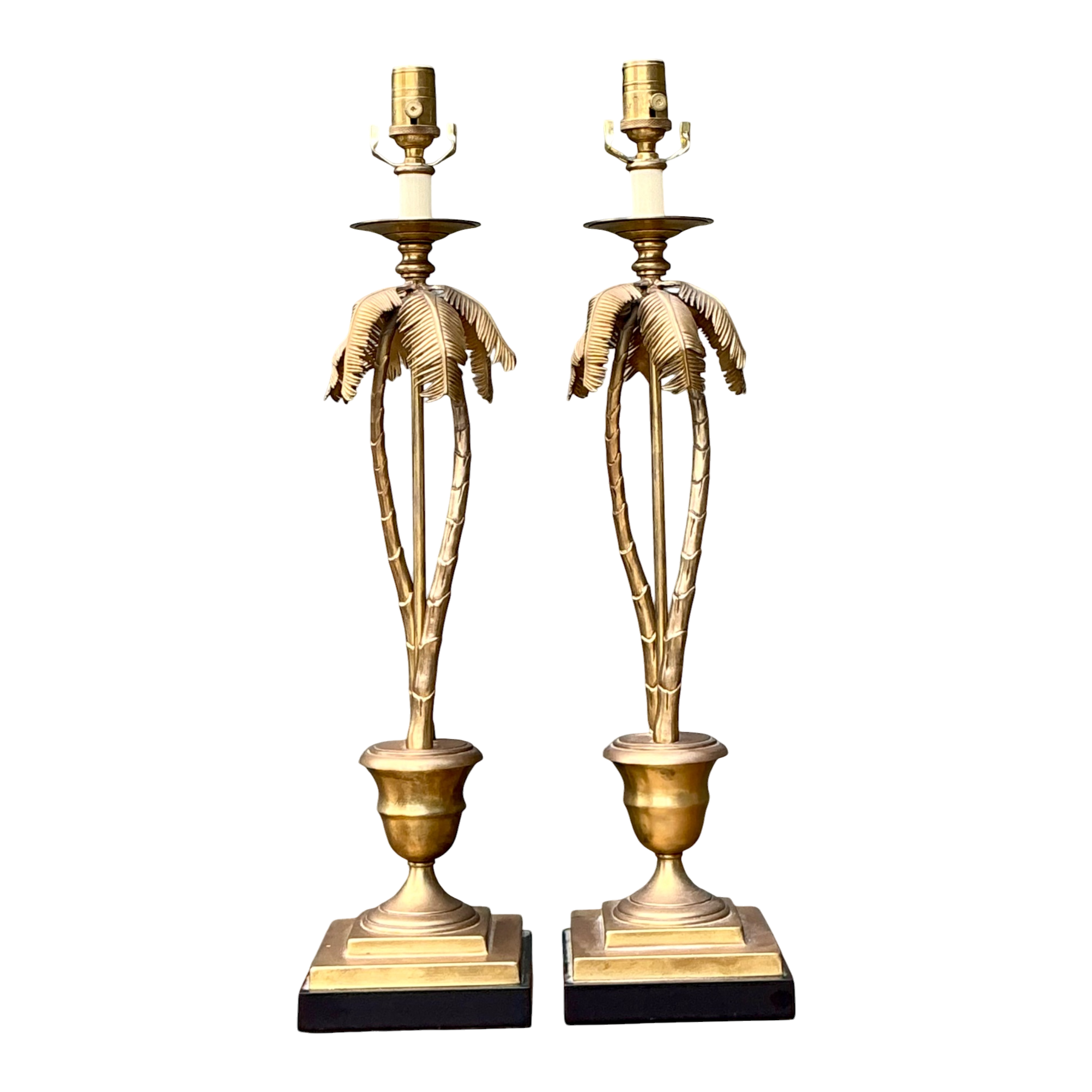 Vintage Palm Tree Brass Table Lamps - Pair