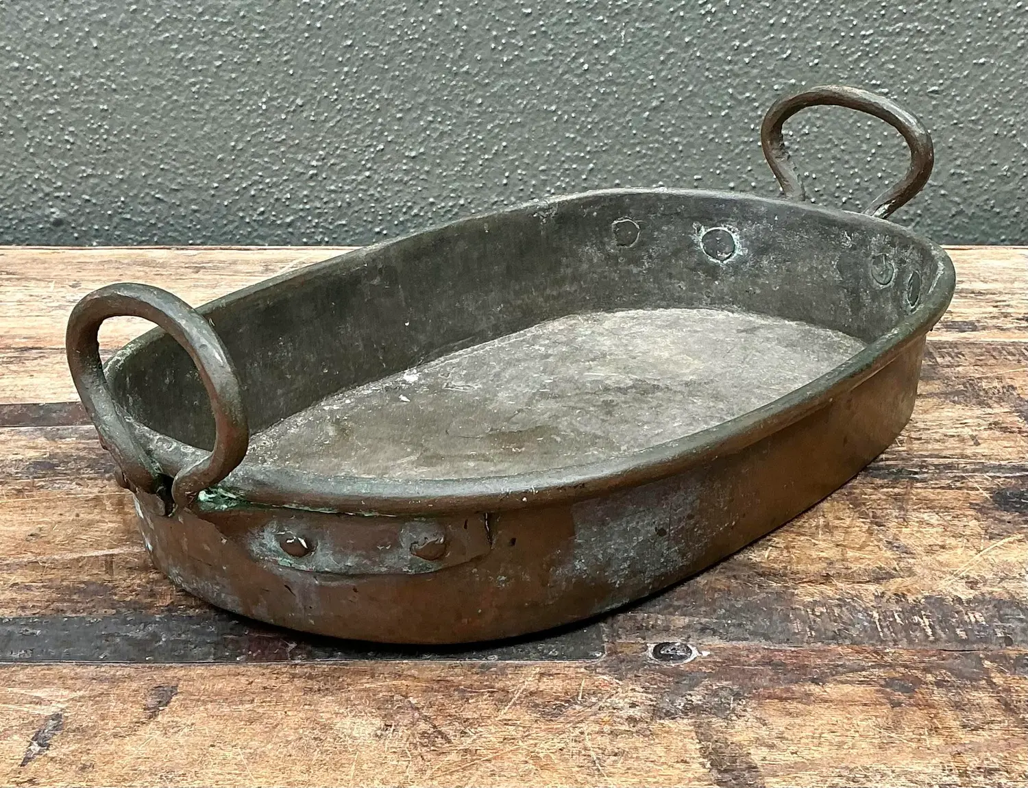 Vintage Patinated Copper Pan - Detail view