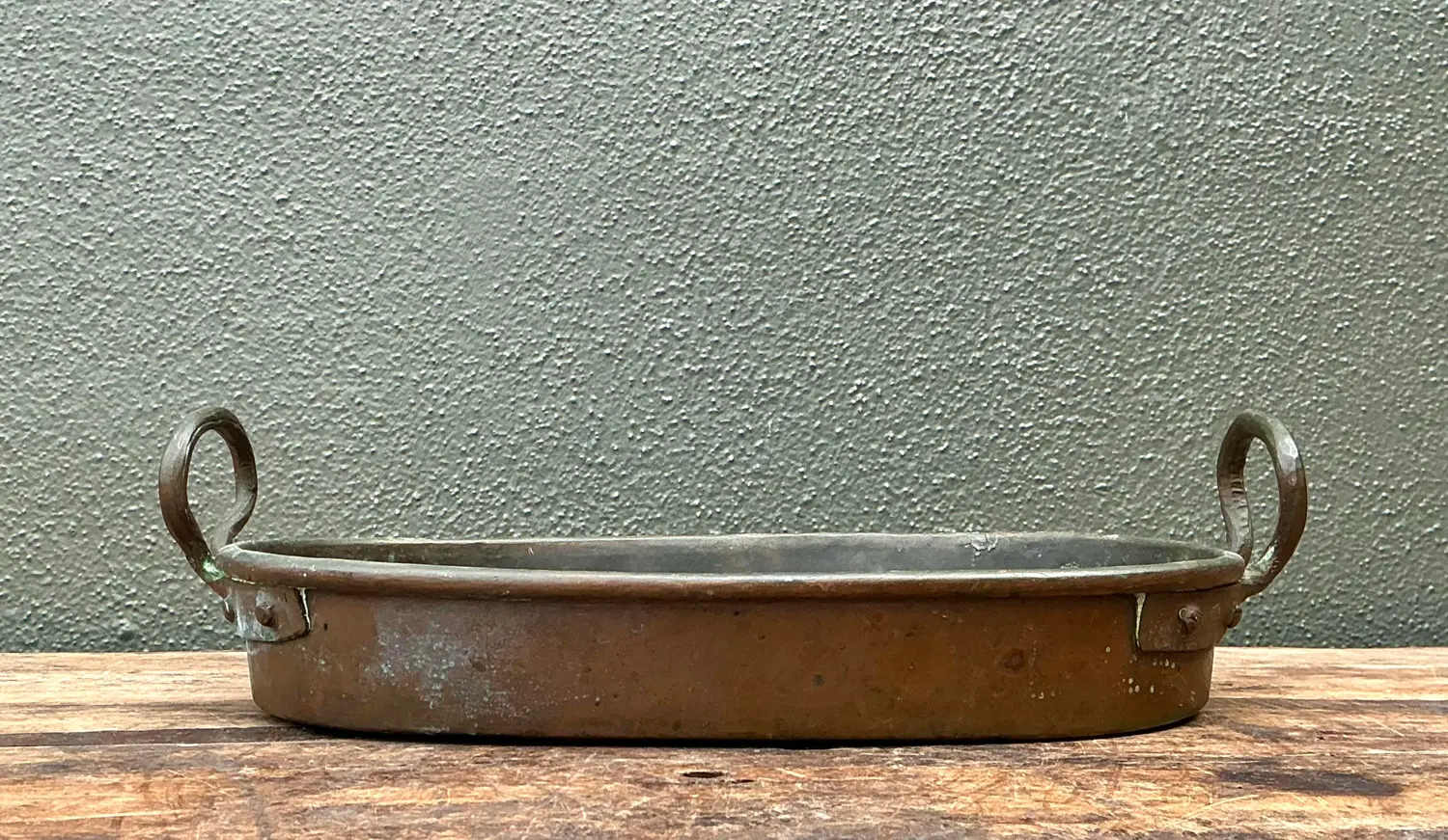 Vintage Patinated Copper Pan - Side view
