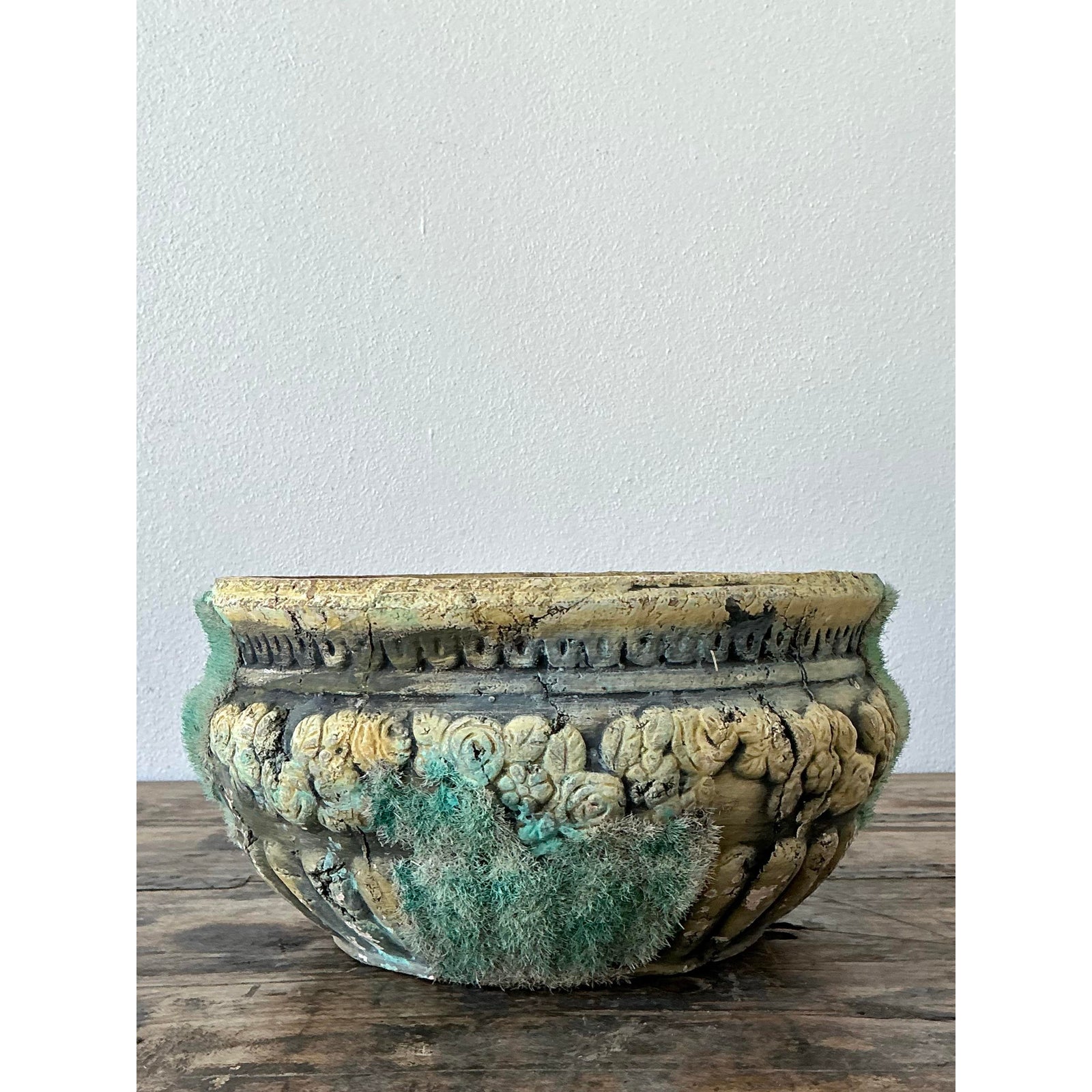Vintage Patinated Moss Roses Planter - Side view