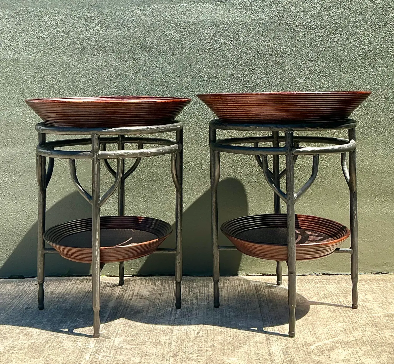 Vintage Pencil Reed Bowl Side Tables - A Pair