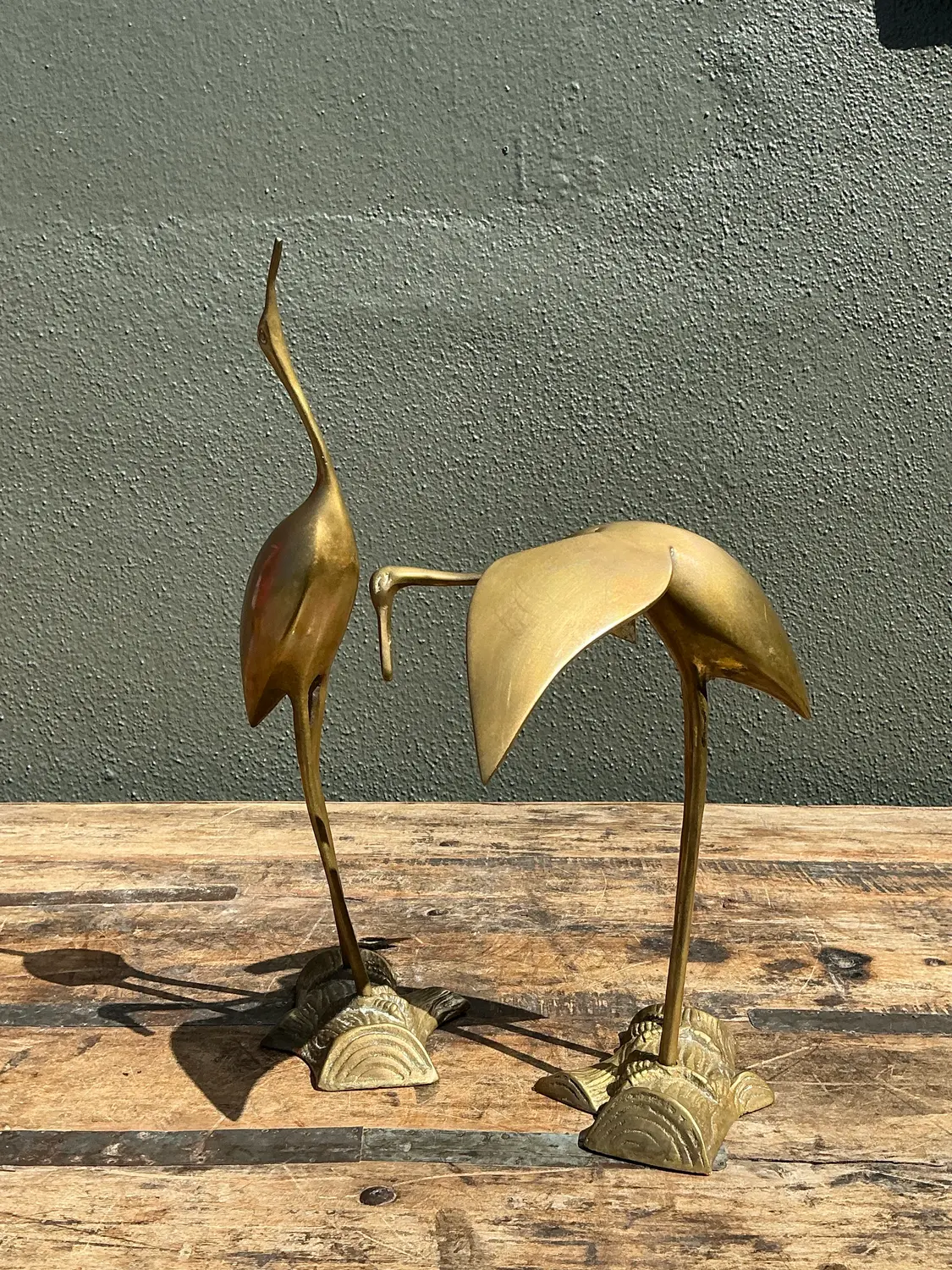 Vintage Polished Brass Cranes - Set of 2 - Side view