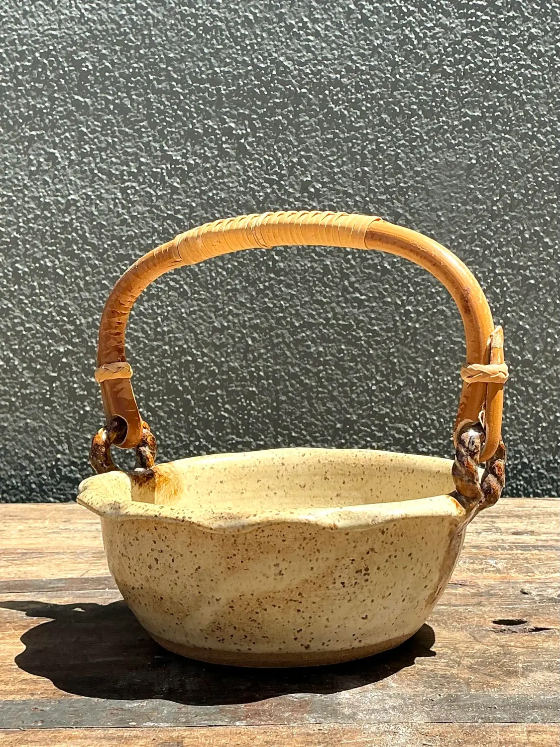 Vintage Rattan Handle Studio Pottery Bowl