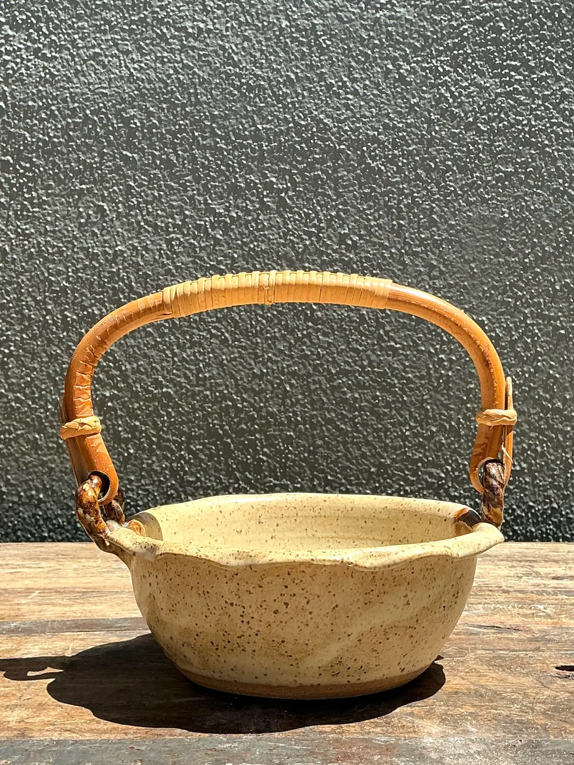 Vintage Rattan Handle Studio Pottery Bowl - Detail view