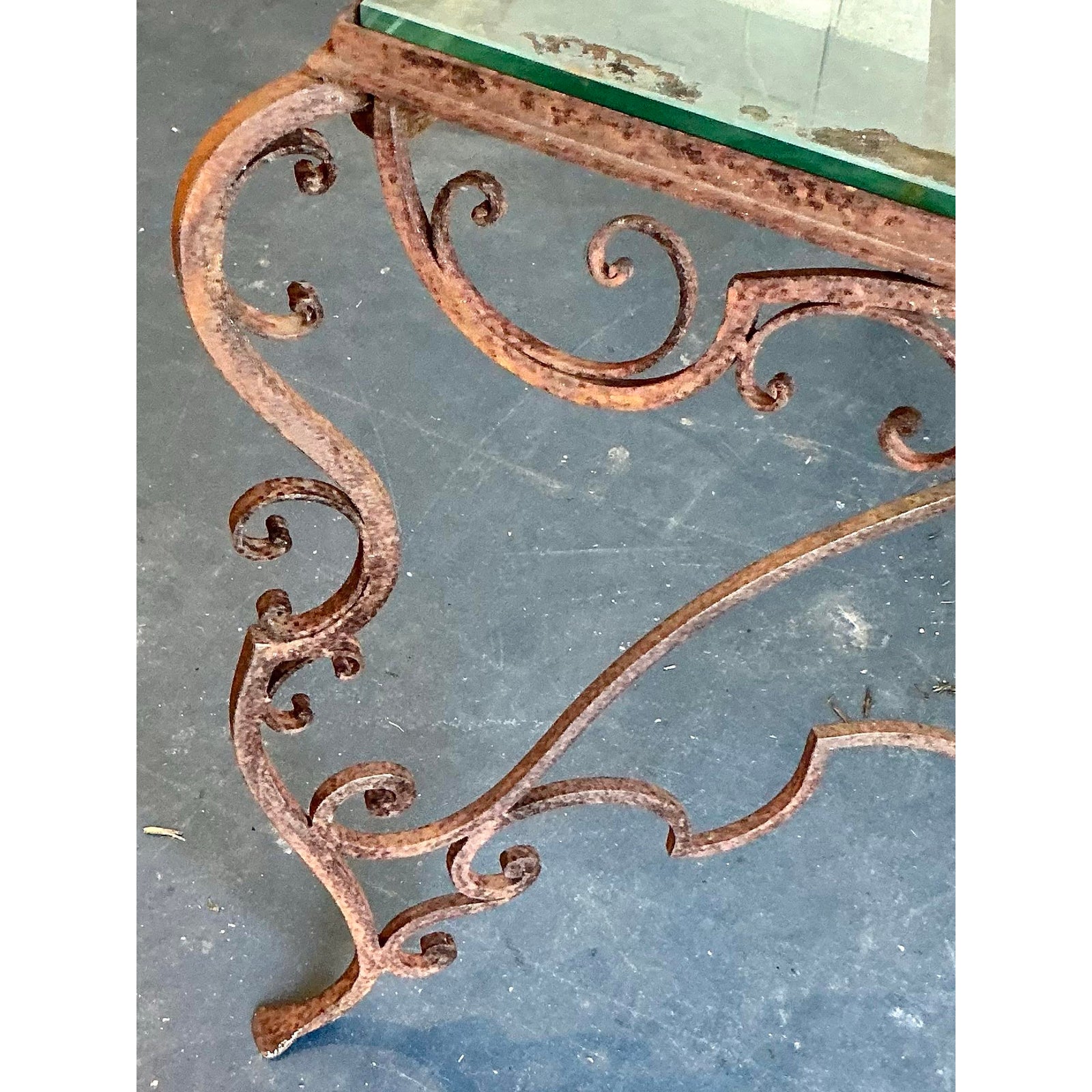 Vintage Regency Distressed Wrought Iron Scroll Dining Table - Detail view