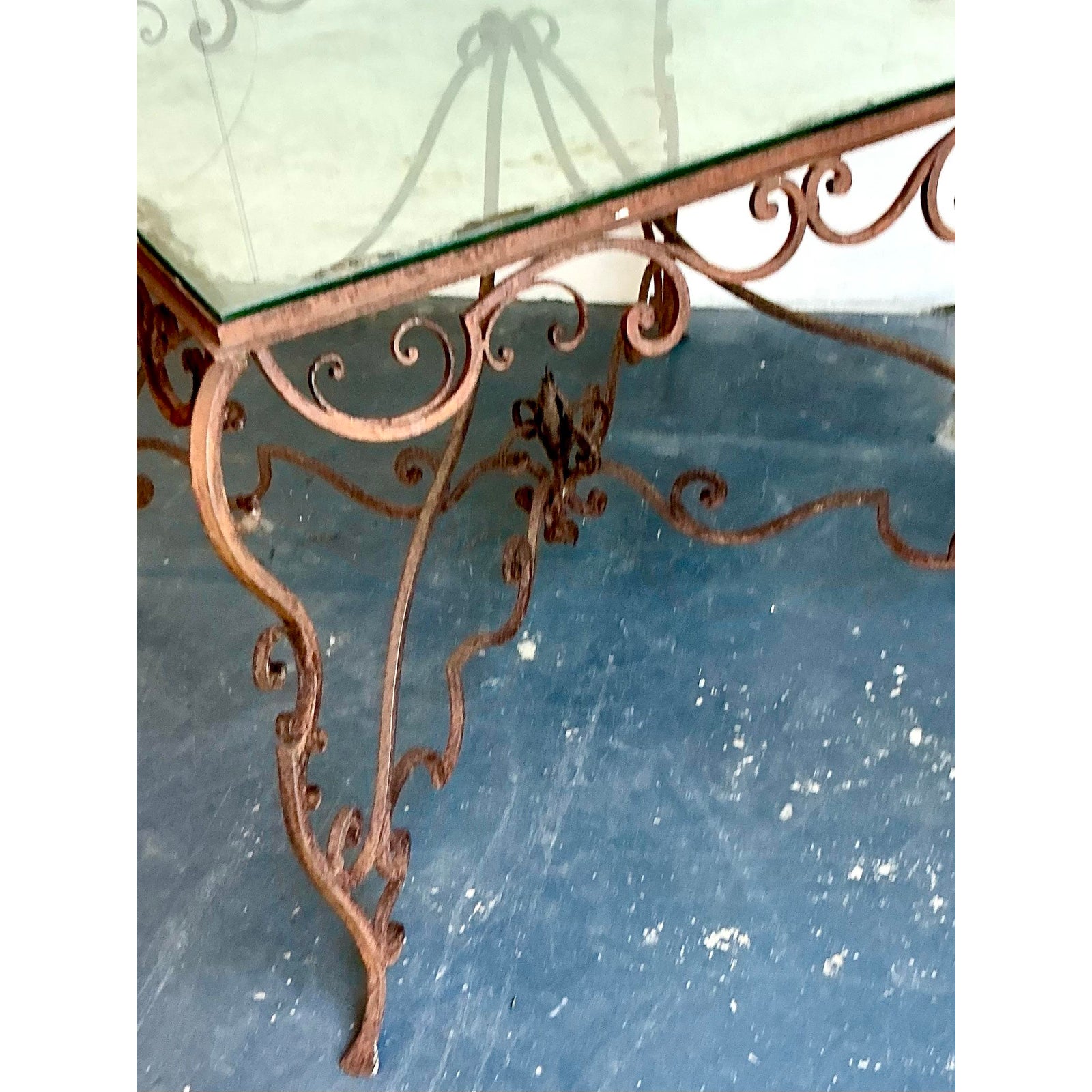 Vintage Regency Distressed Wrought Iron Scroll Dining Table - Side view