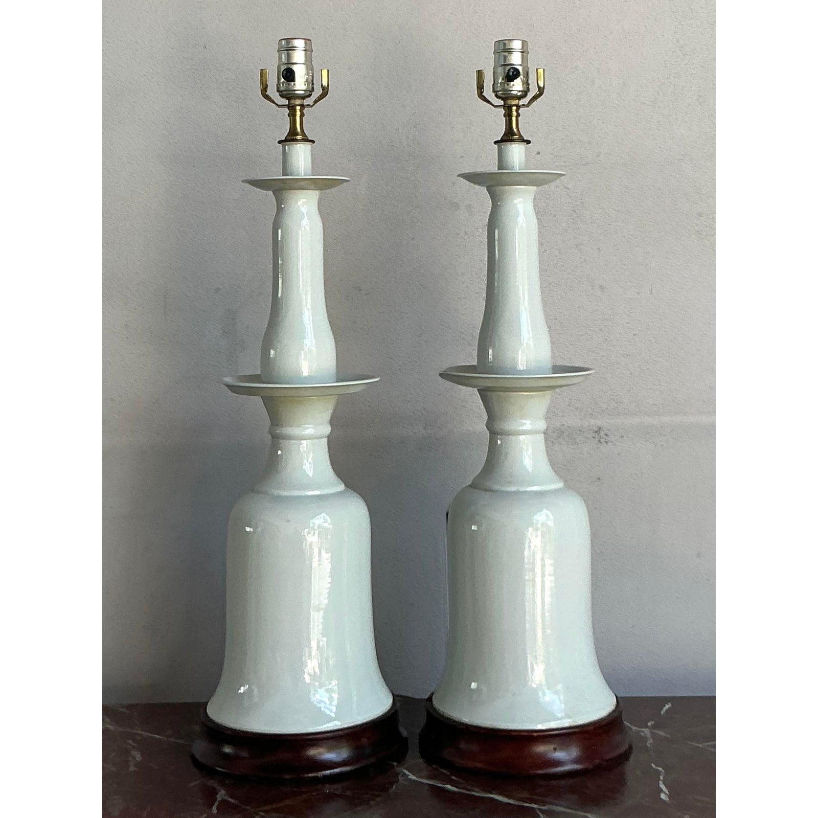 Vintage Regency Glazed Ceramic Bell Lamps - A Pair - Side view