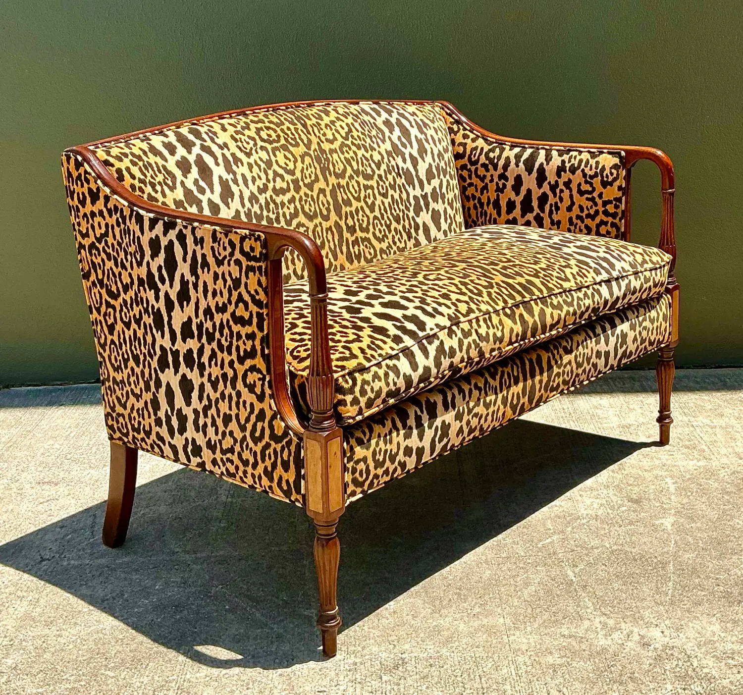 Vintage Regency Napoleon 111 Leopard Velvet Settee - Side view