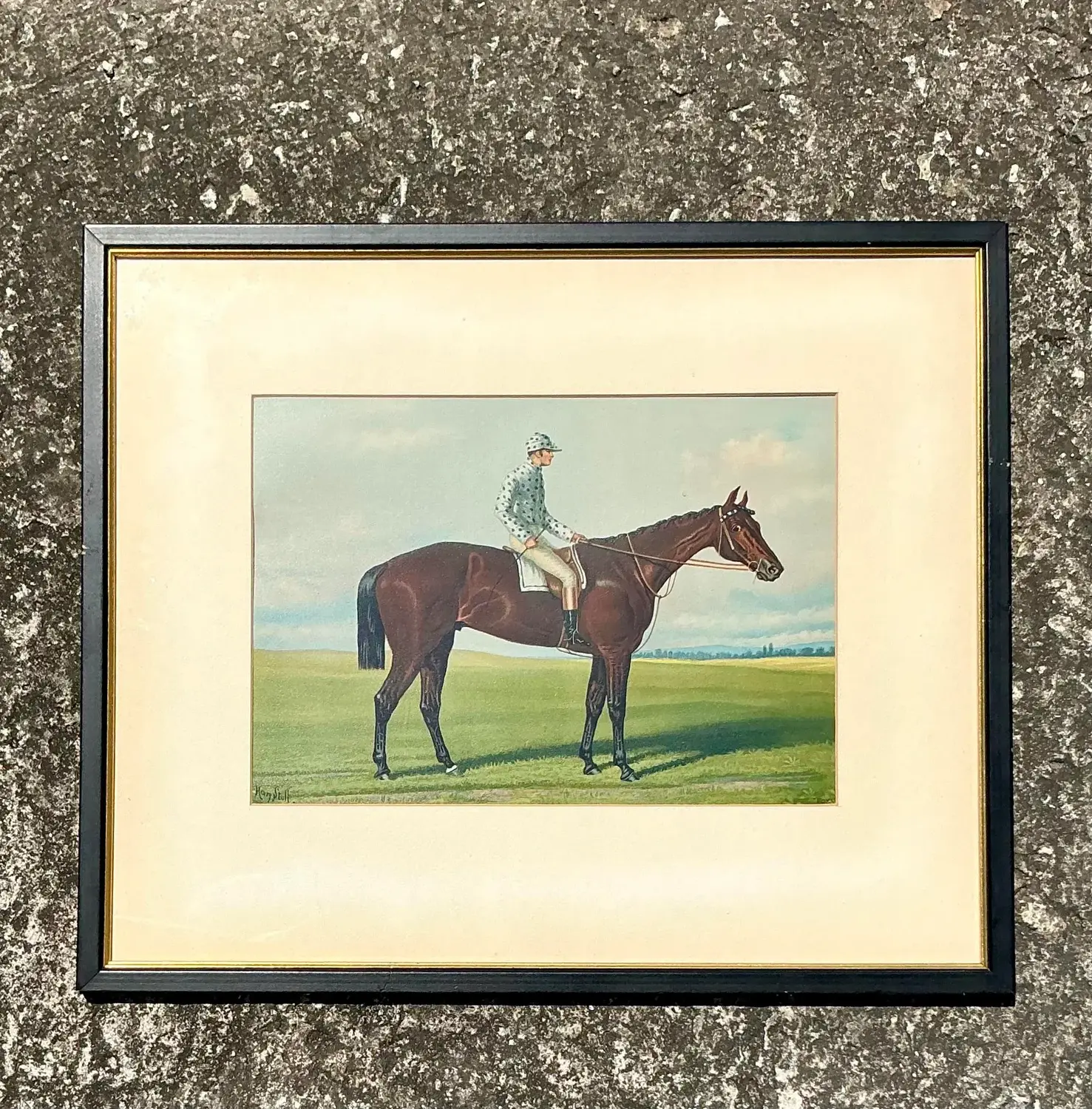 Vintage Regency Original Painting on Board of Horses and Jockey - Detail view