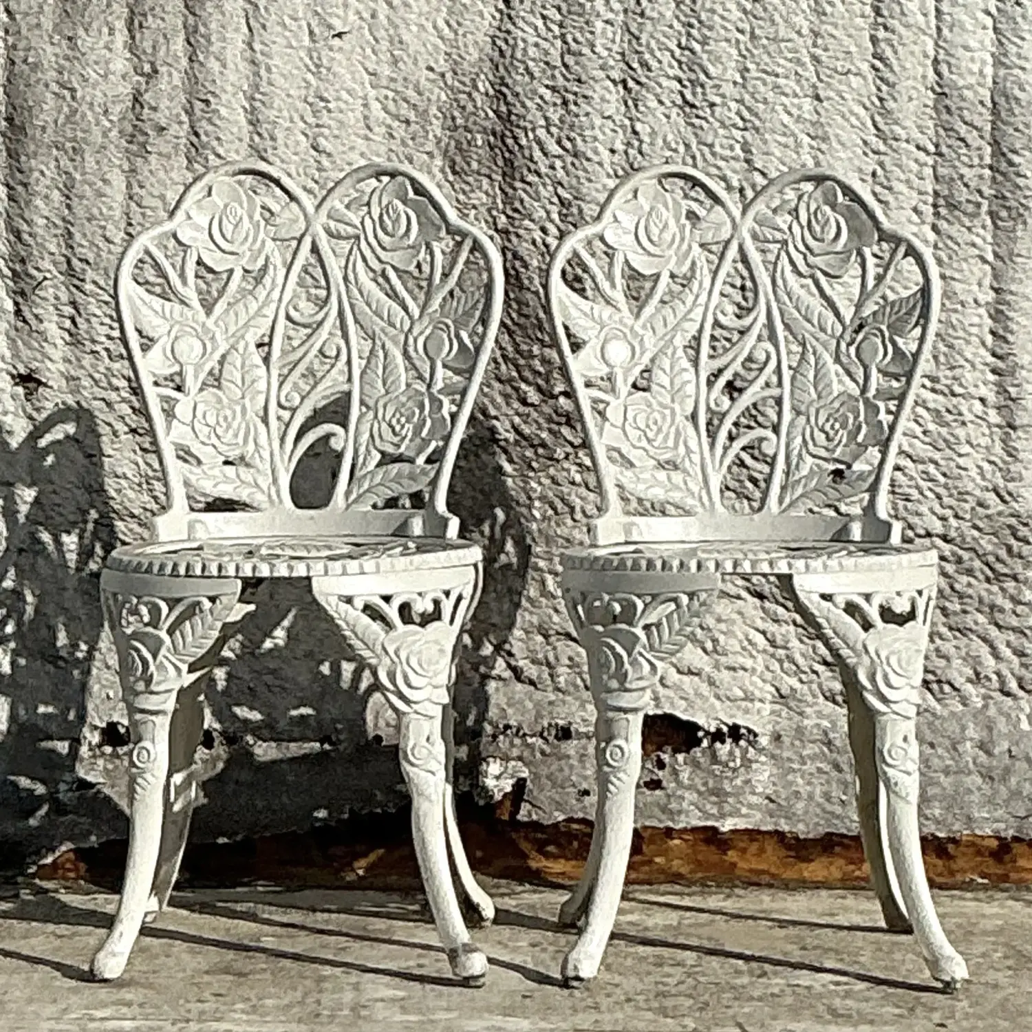 Vintage Regency Rose Garden Wrought Iron Table and Two Chairs - Set of 3 - Side view