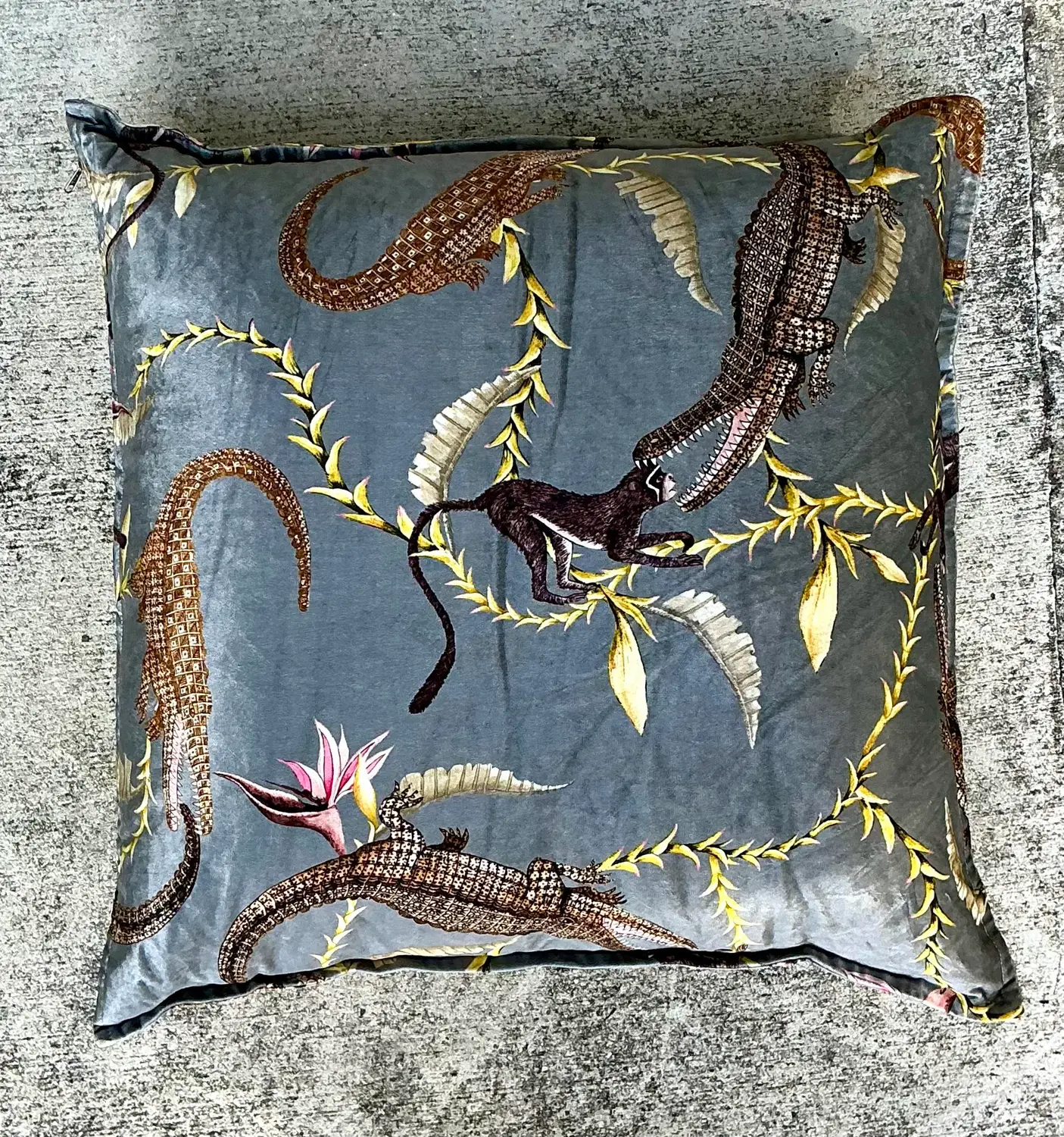 Vintage River Chase Printed Velvet Pillow - Detail view