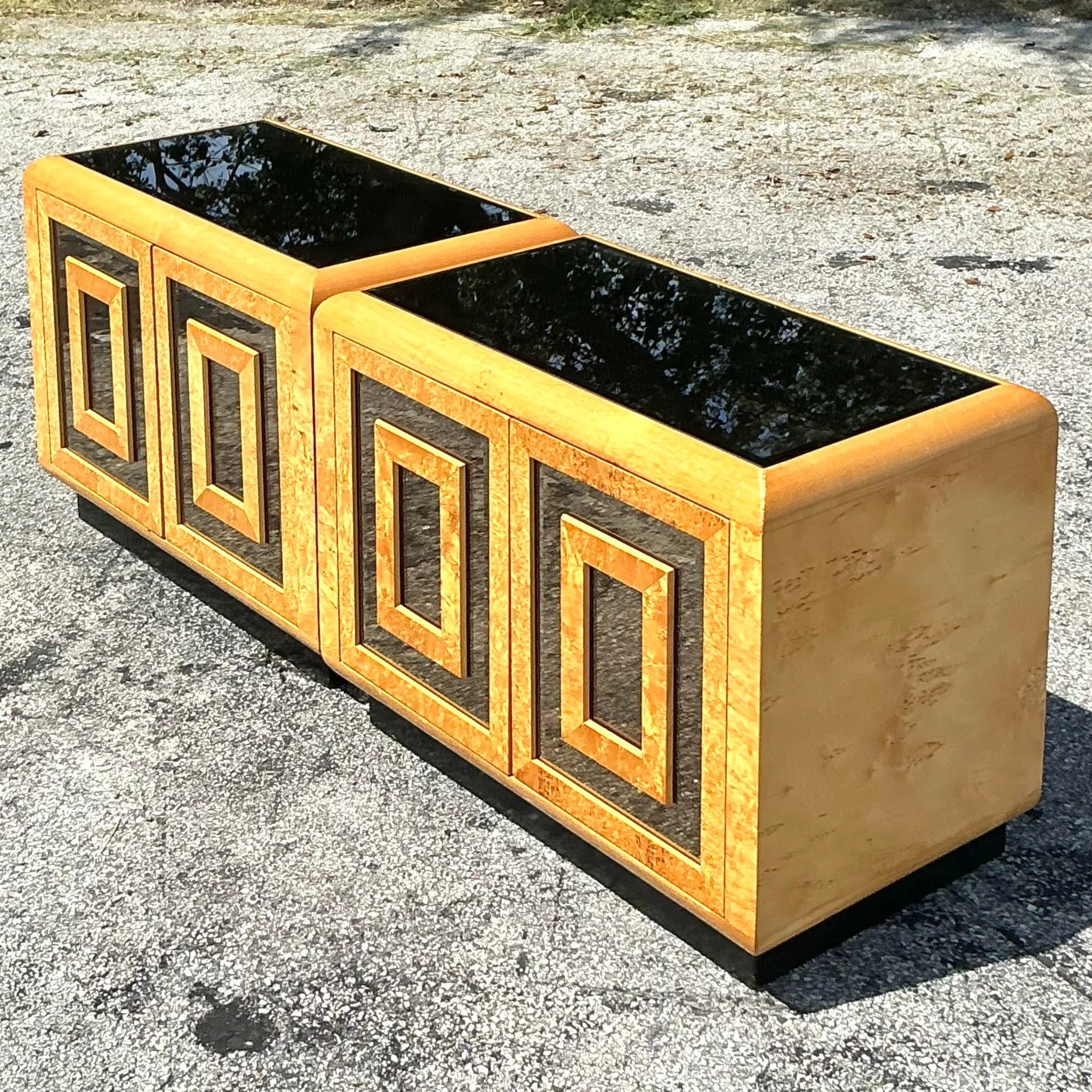 Vintage Romweber Burl and Mirror Nightstands - a Pair - Back view