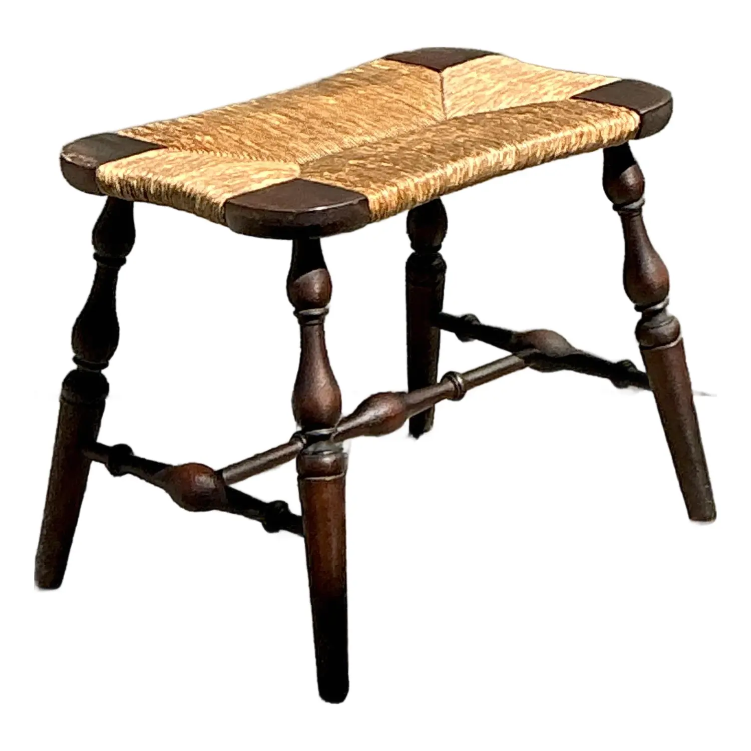 Vintage Rush Seat Turned Wood Low Stool