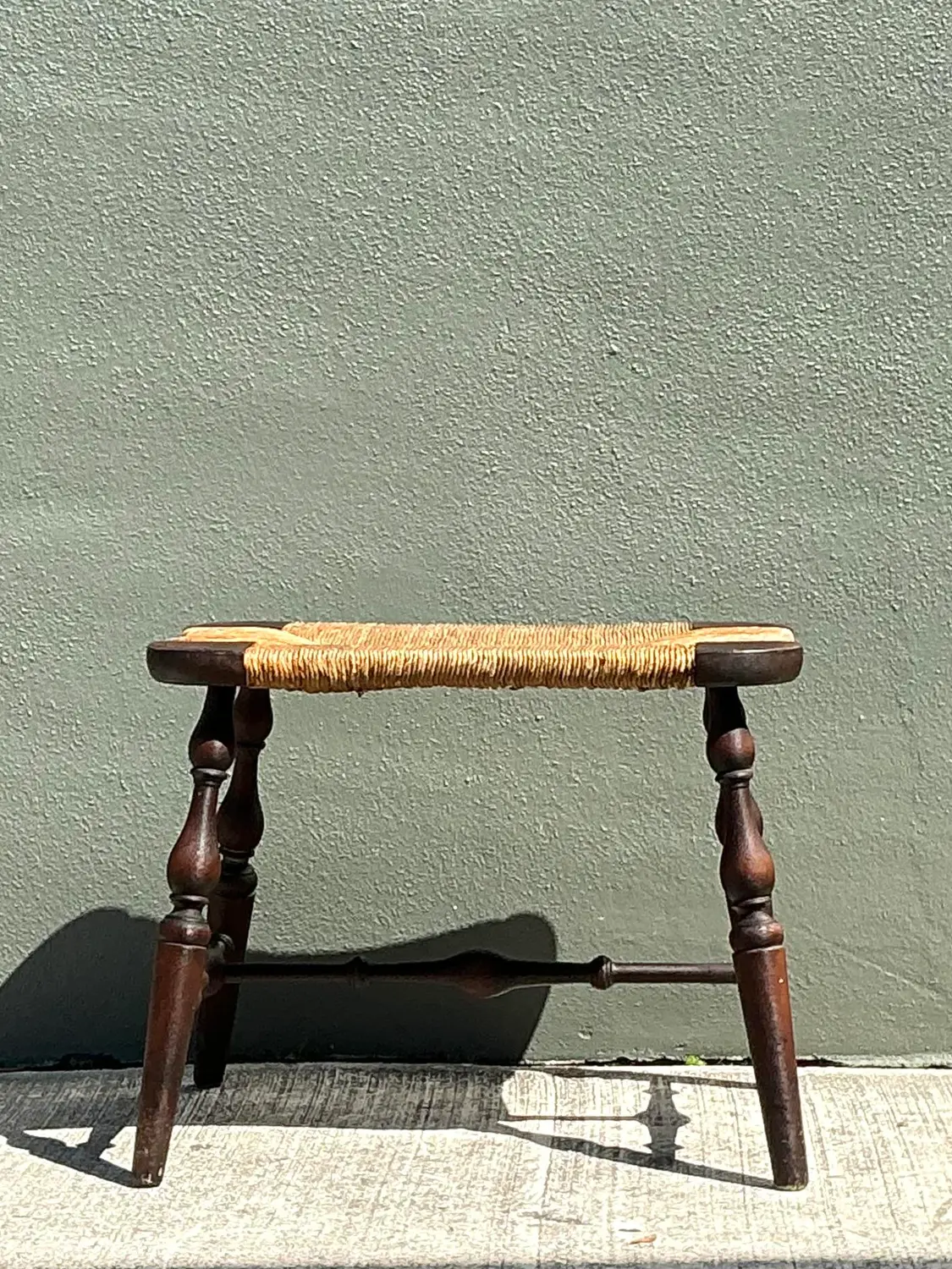 Vintage Rush Seat Turned Wood Low Stool - Detail view