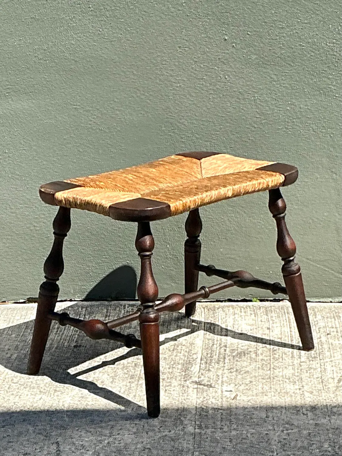 Vintage Rush Seat Turned Wood Low Stool - Side view