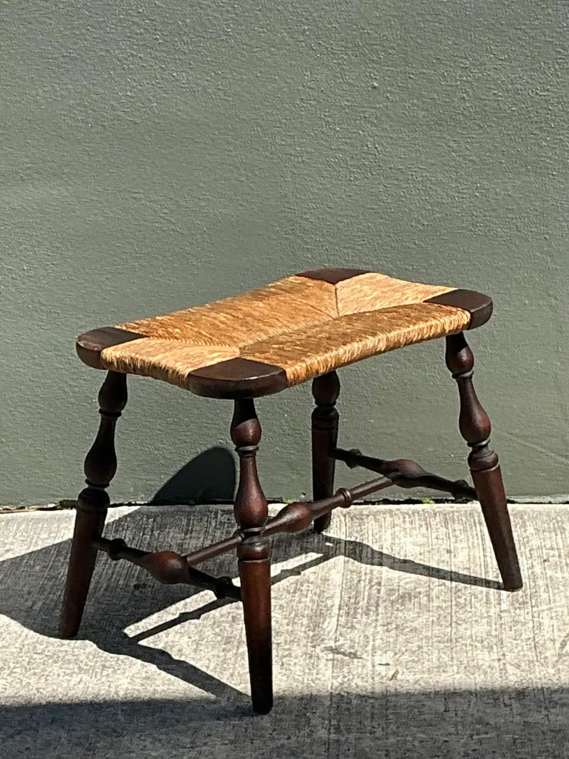 Vintage Rush Seat Turned Wood Low Stool - Back view