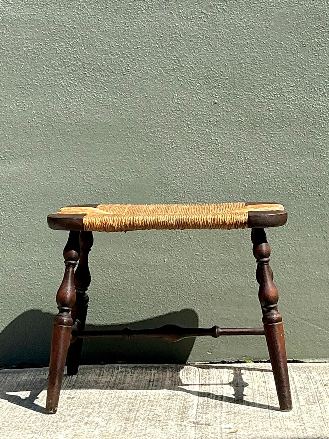 Vintage Rush Seat Turned Wood Low Stool - Top view