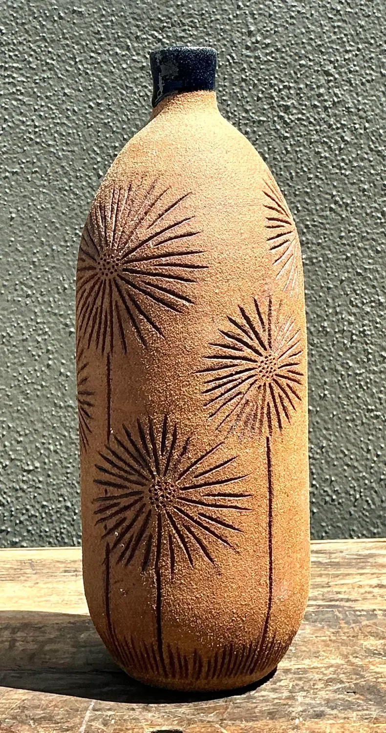 Vintage Scored Floral Studio Pottery Vase