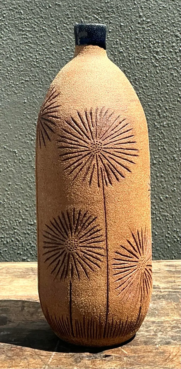 Vintage Scored Floral Studio Pottery Vase - Detail view
