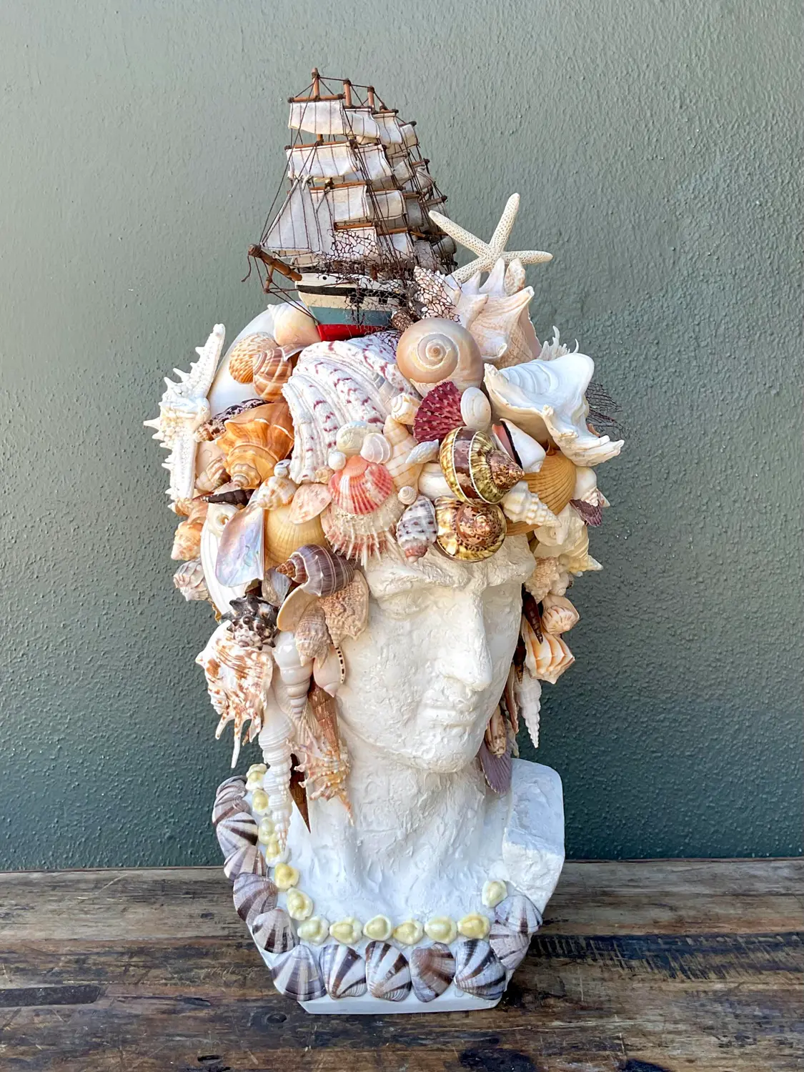 Vintage Shell Encrusted Bust of Man With Sailing Ship - Side view
