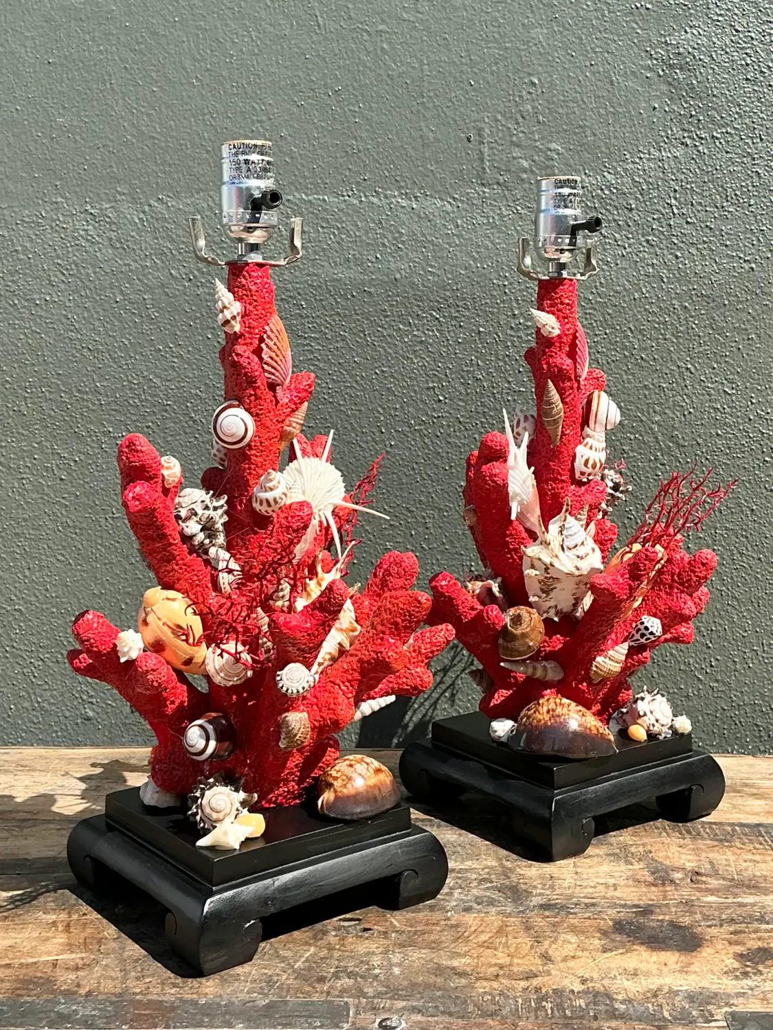 Vintage Shell Encrusted Faux Coral Lamps - A Pair