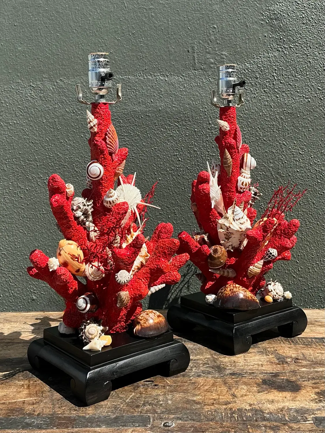 Vintage Shell Encrusted Faux Coral Lamps - A Pair - Detail view