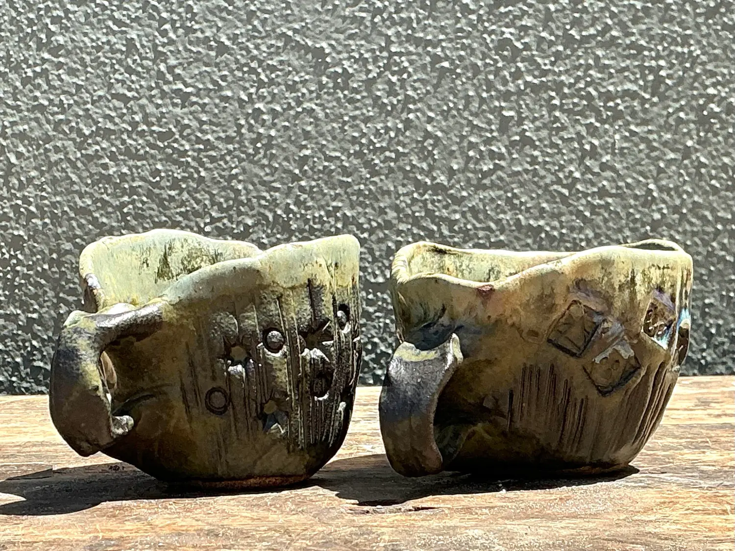 Vintage Slab Built Studio Pottery Cups - A Pair - Back view