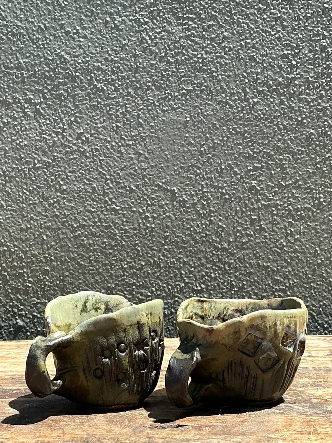Vintage Slab Built Studio Pottery Cups - A Pair - Top view