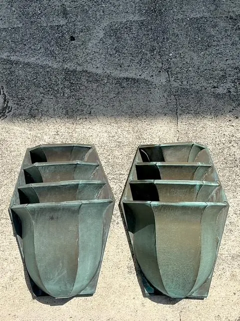 Vintage Stacked Patinated Copper Sconces - A Pair