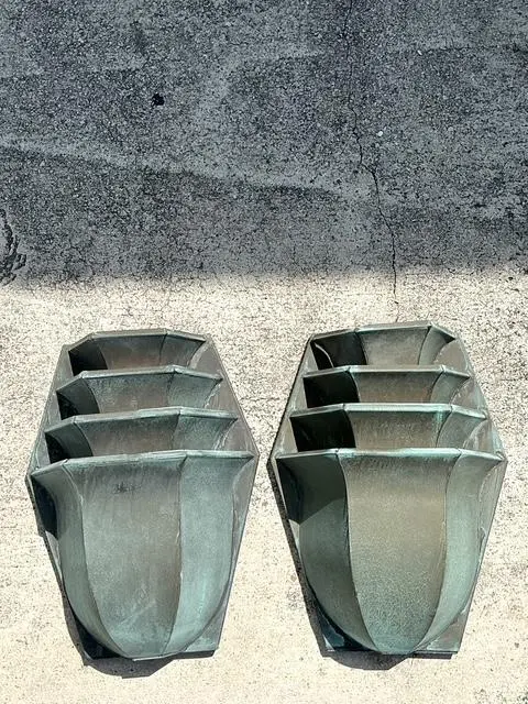Vintage Stacked Patinated Copper Sconces - A Pair - Detail view