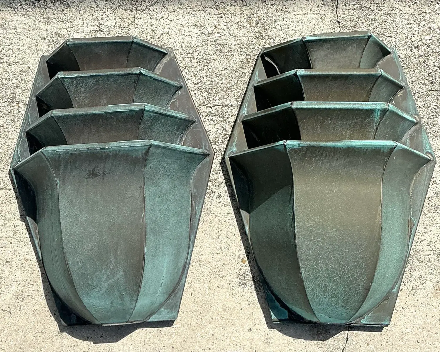 Vintage Stacked Patinated Copper Sconces - A Pair - Back view