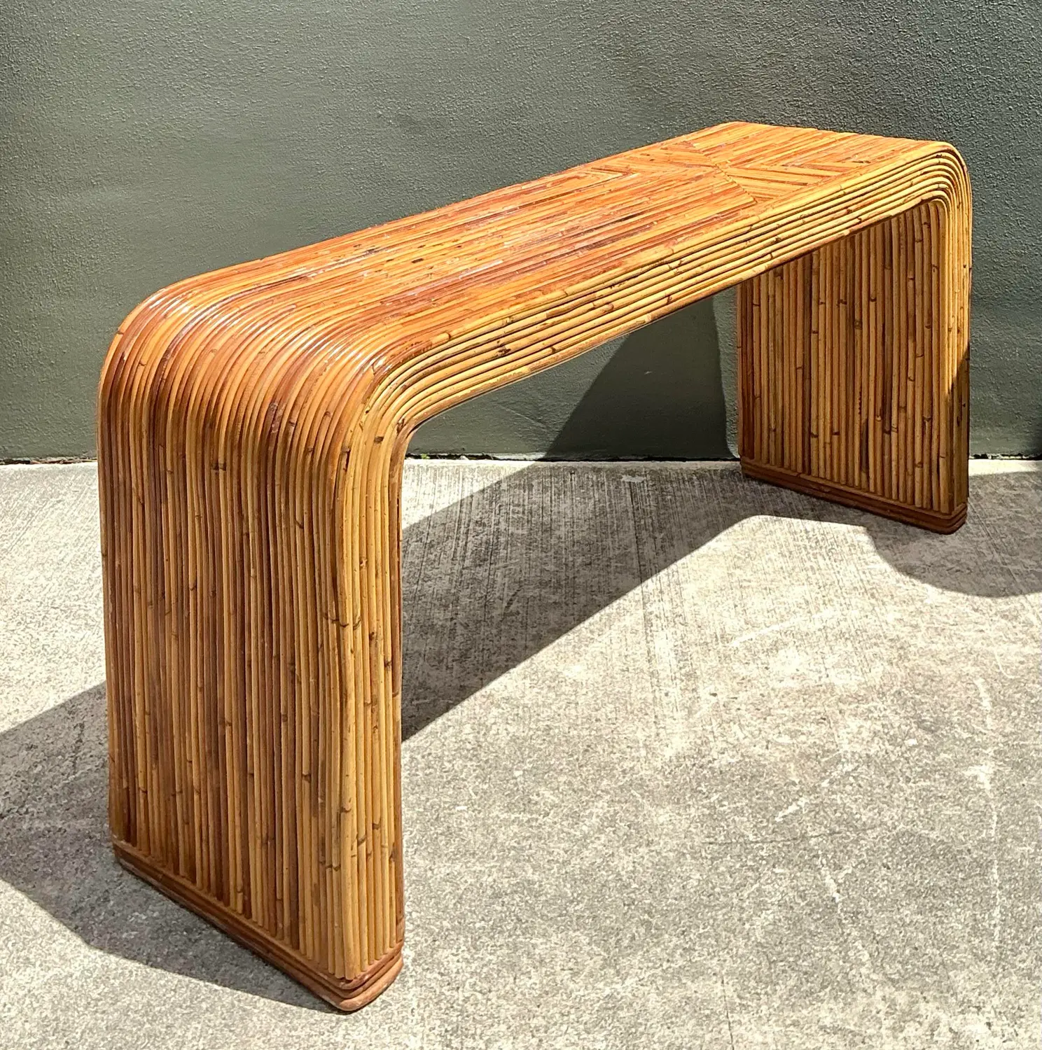 Vintage Tagged Gabriella Crespi Pencil Reed Waterfall Console Table - Back view
