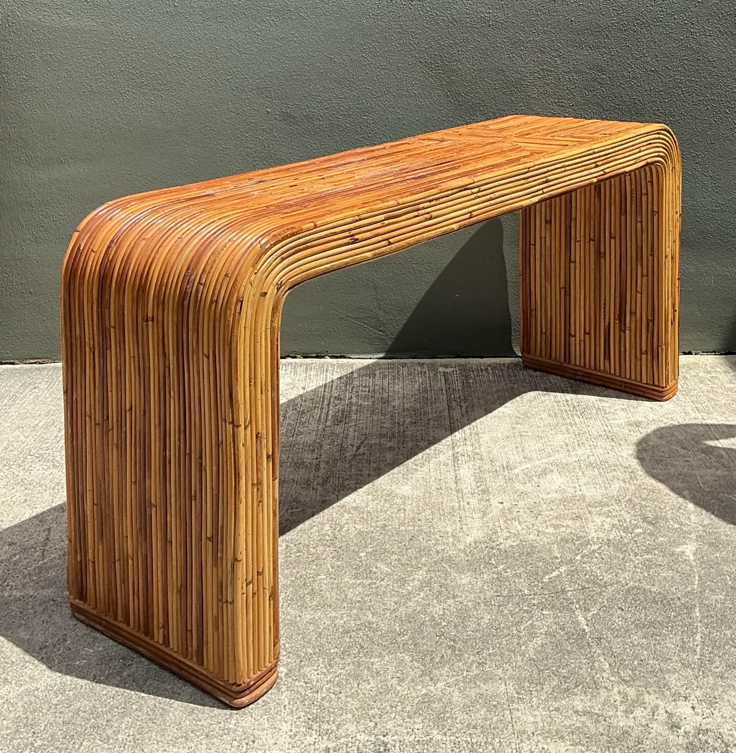 Vintage Tagged Gabriella Crespi Pencil Reed Waterfall Console Table - Top view