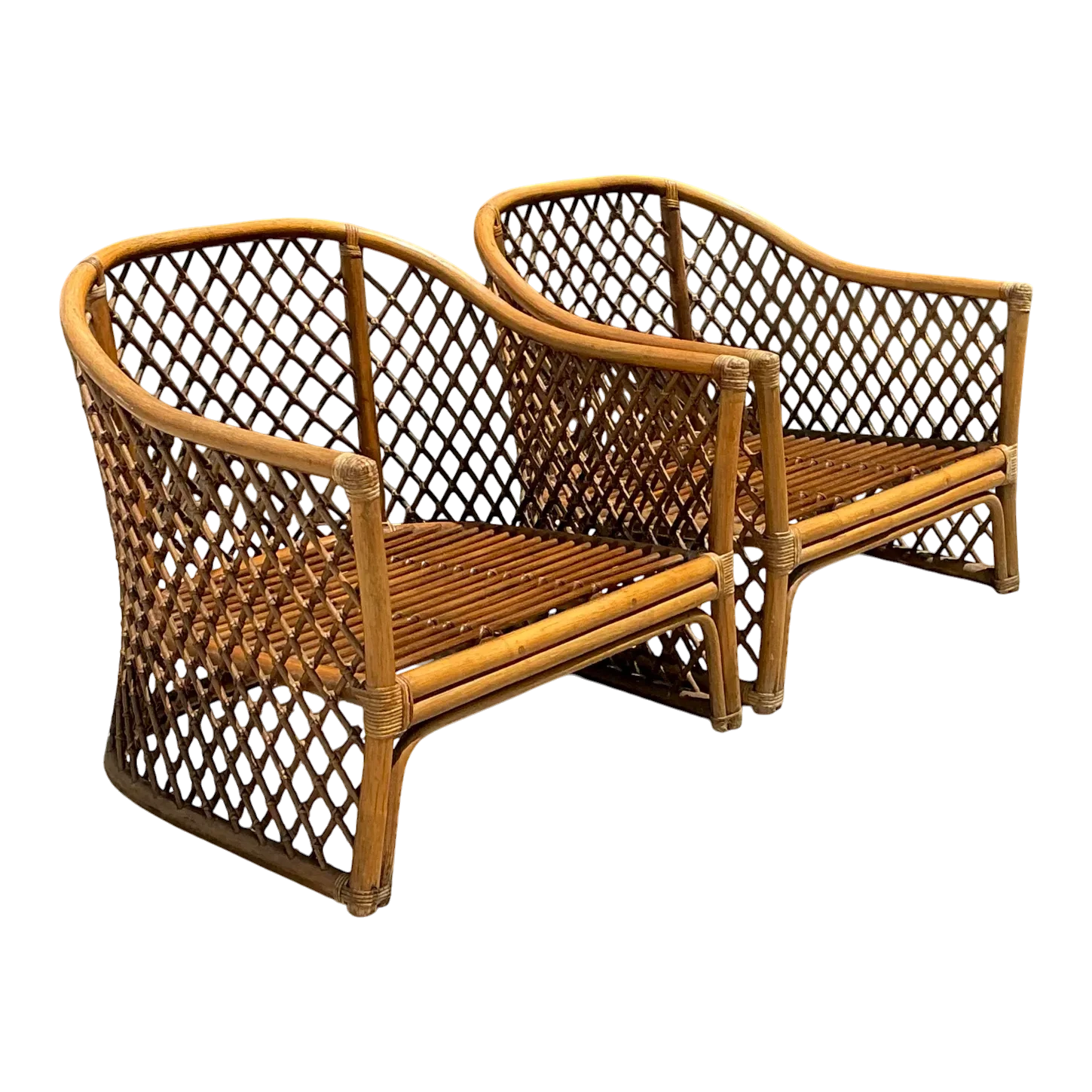 Vintage Trellis Rattan Lounge Chairs - A Pair
