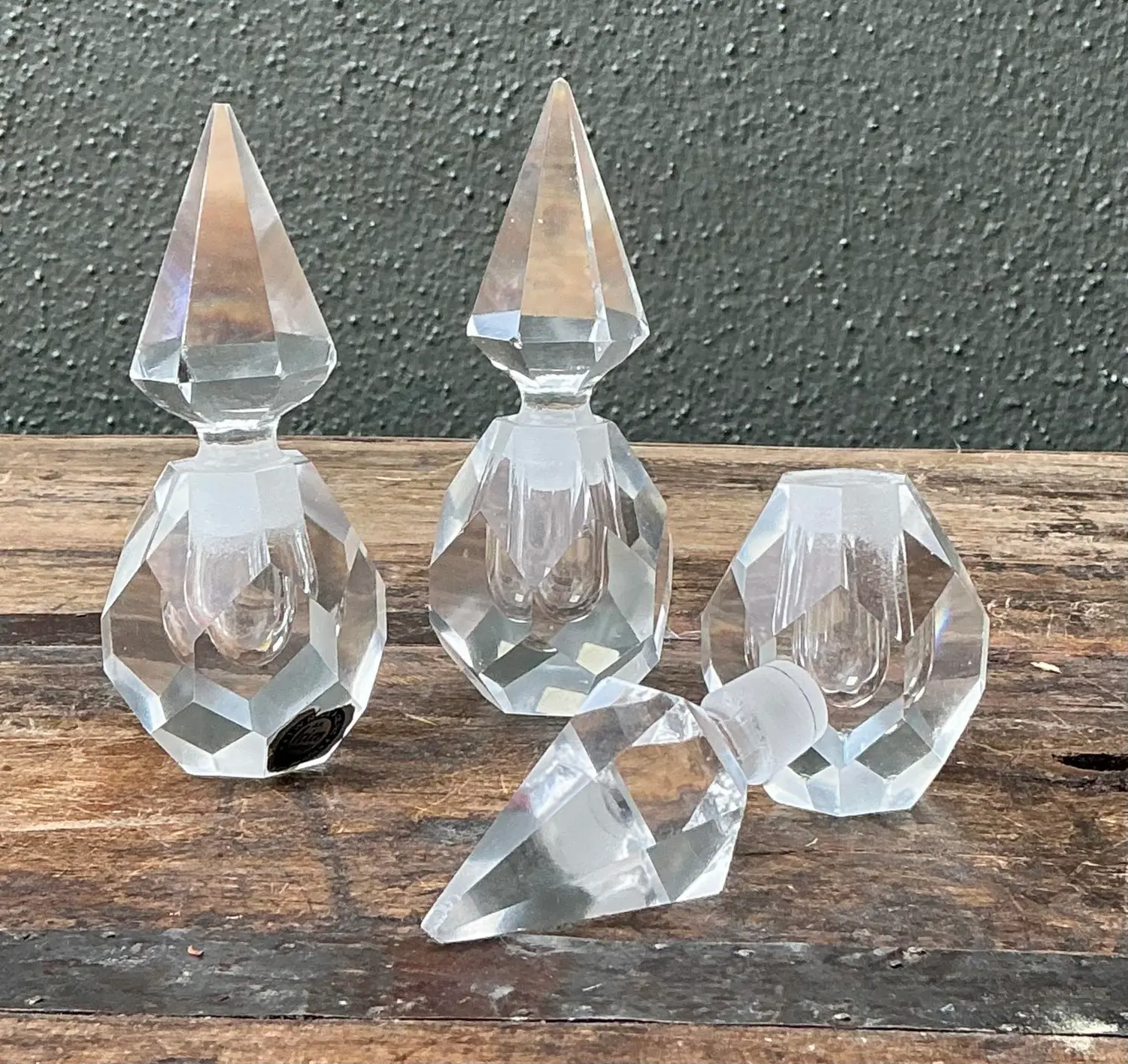 Vintage Trio of Faceted Crystal Perfume Bottles - Side view